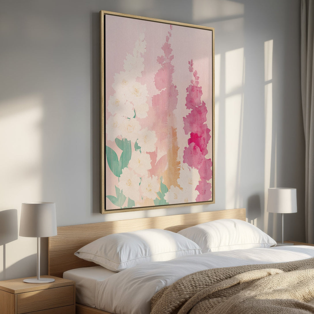Framed Wall Art: Abstract floral print in pink and white, adding a touch of elegance to any bedroom. Shop our Canvas Prints for a stylish upgrade!