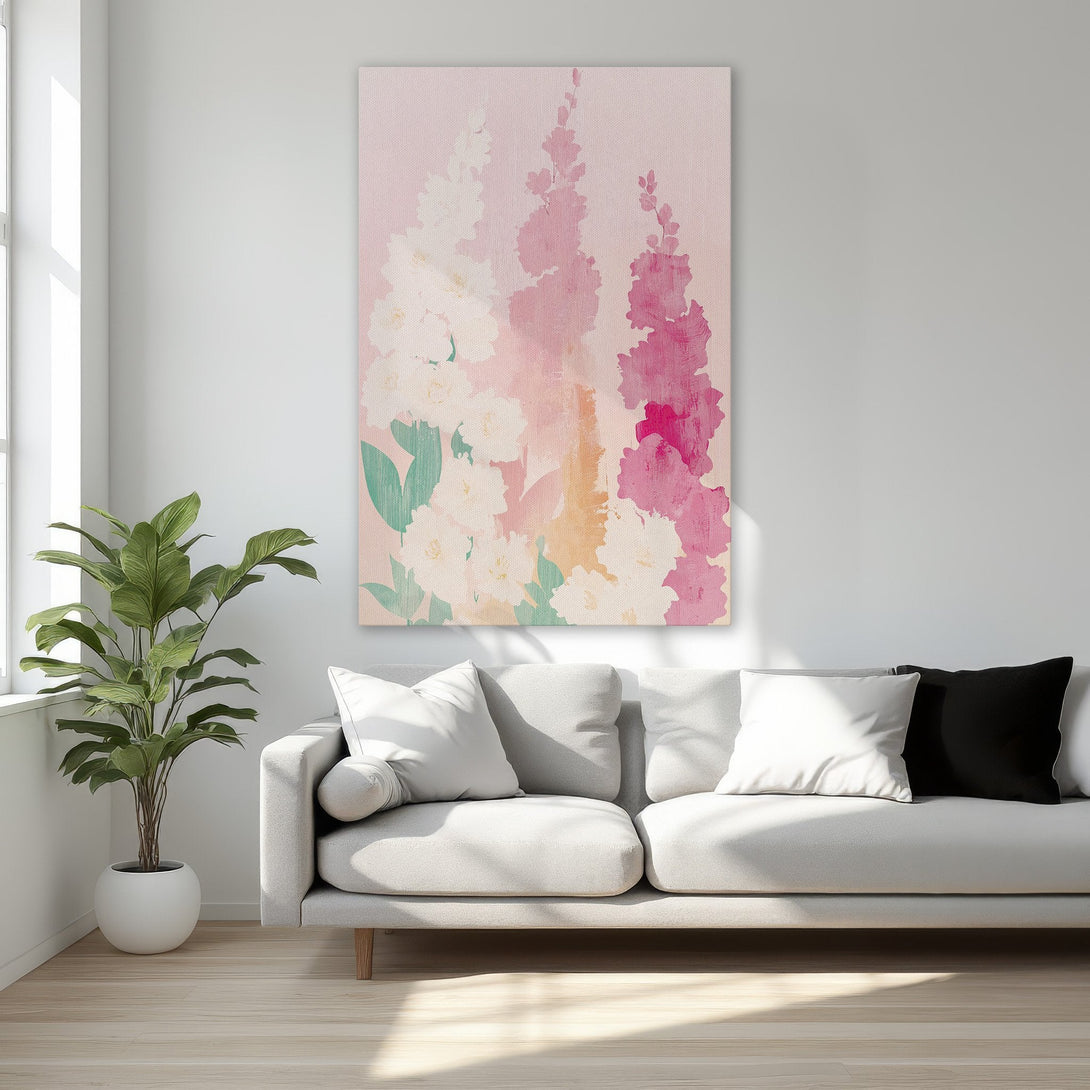 Framed Wall Art featuring abstract floral design in pink and white hues. Add a touch of elegance to your space with this beautiful Canvas Print.
