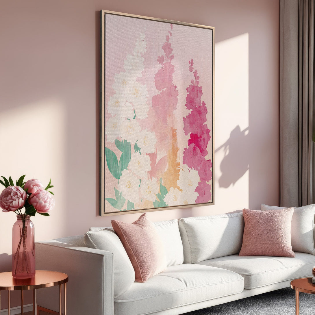 Framed Wall Art featuring abstract floral design in pink and white hues. Perfect for adding a touch of elegance to your living room decor.