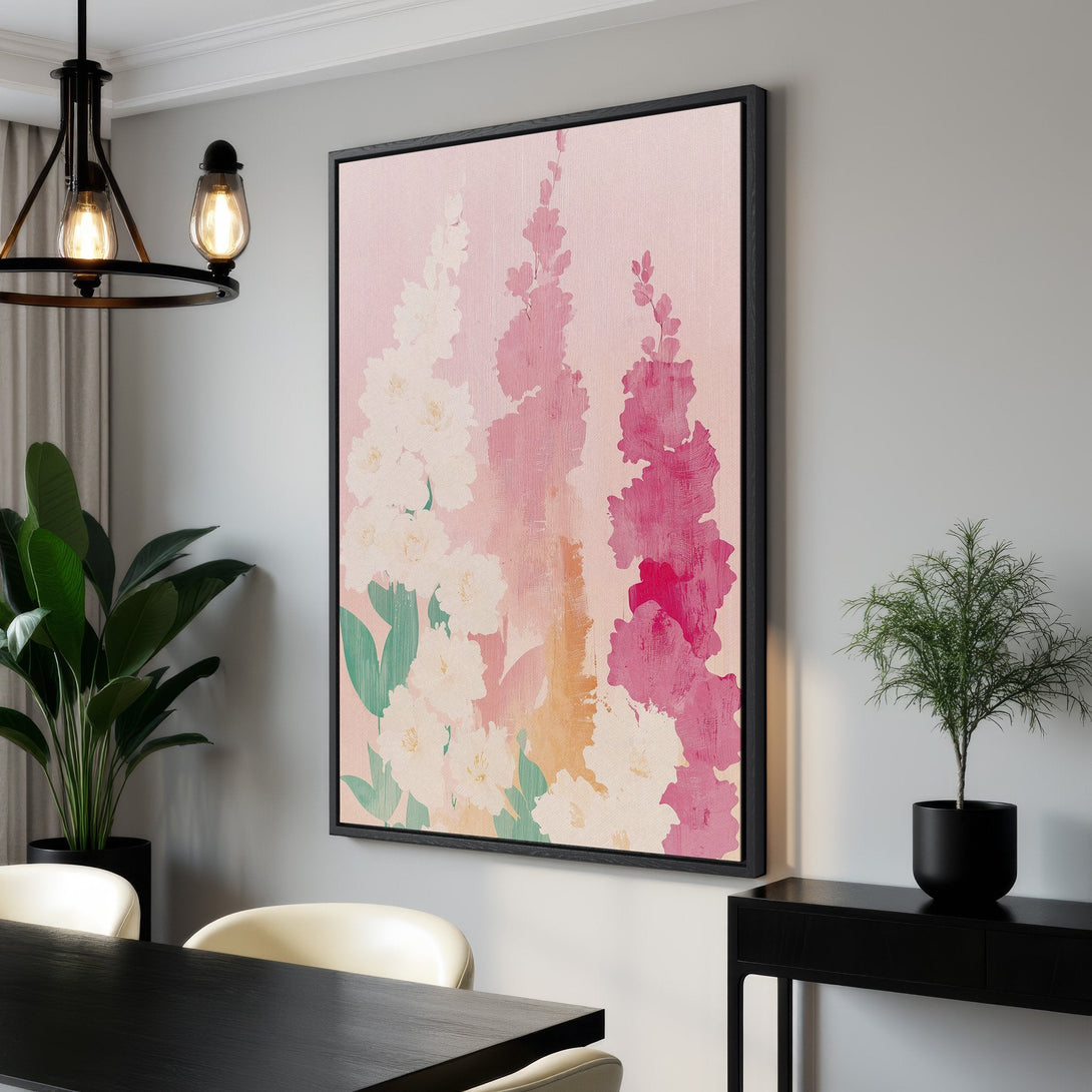 Framed Wall Art featuring a floral abstract painting in pink and white hues. Modern canvas print adds a touch of elegance to any interior.