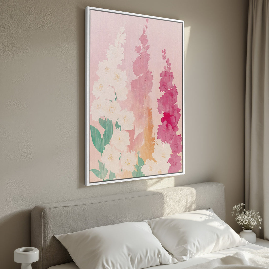 Framed Wall Art: Abstract floral Canvas Print in pink and white, perfect for bedroom decor. Modern style with a calming color palette.