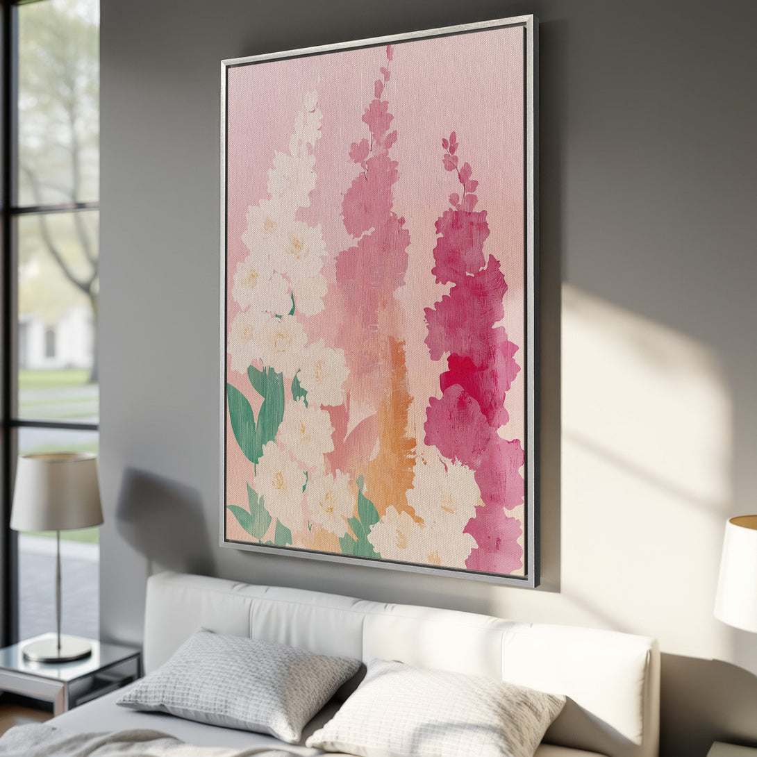 Framed Wall Art: Abstract floral Canvas Print in pink and white hues. Modern art for bedroom decor, adds a touch of elegance and color.