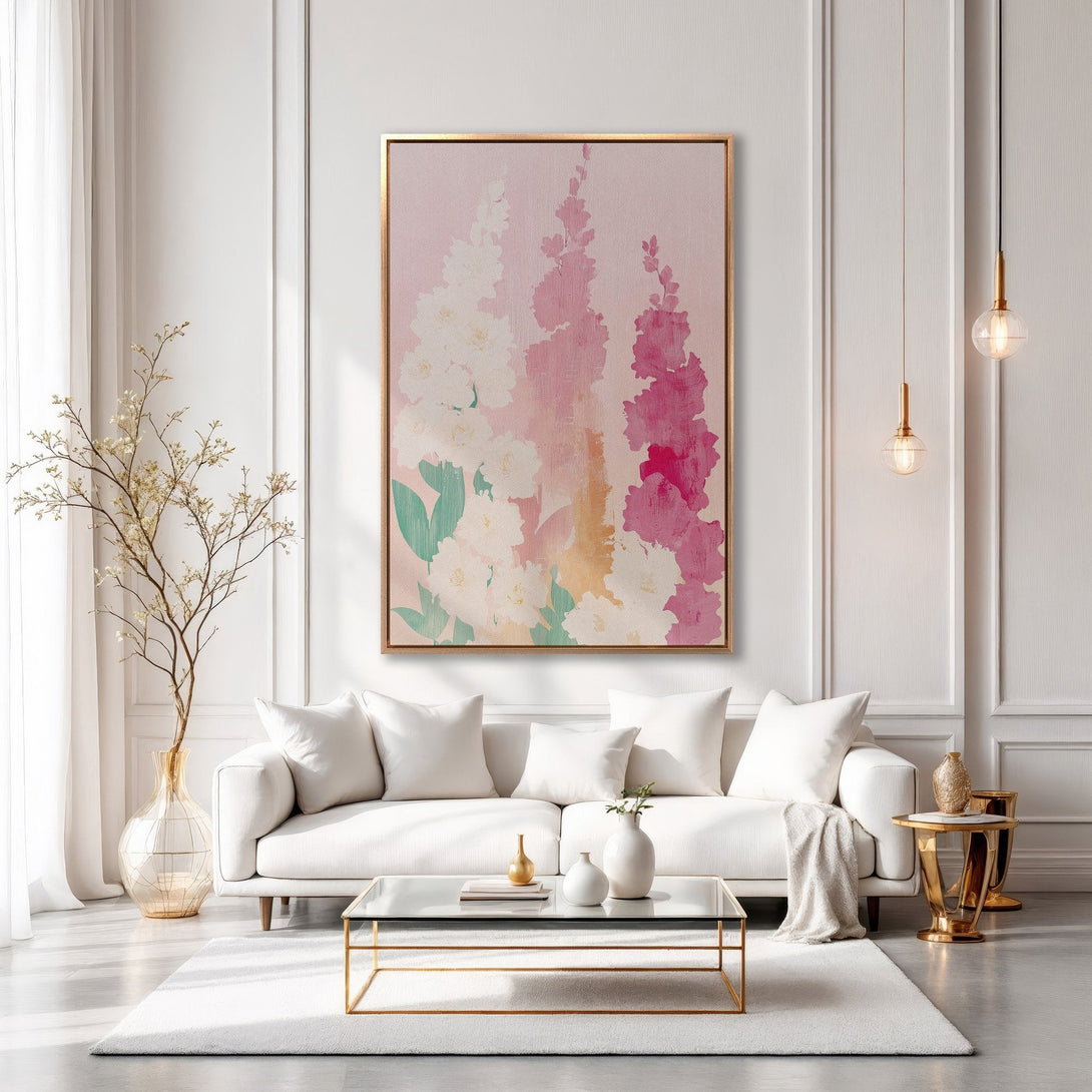 Framed Wall Art featuring abstract floral design in pink, white, and green hues. Modern canvas print adds a touch of elegance to any living room.