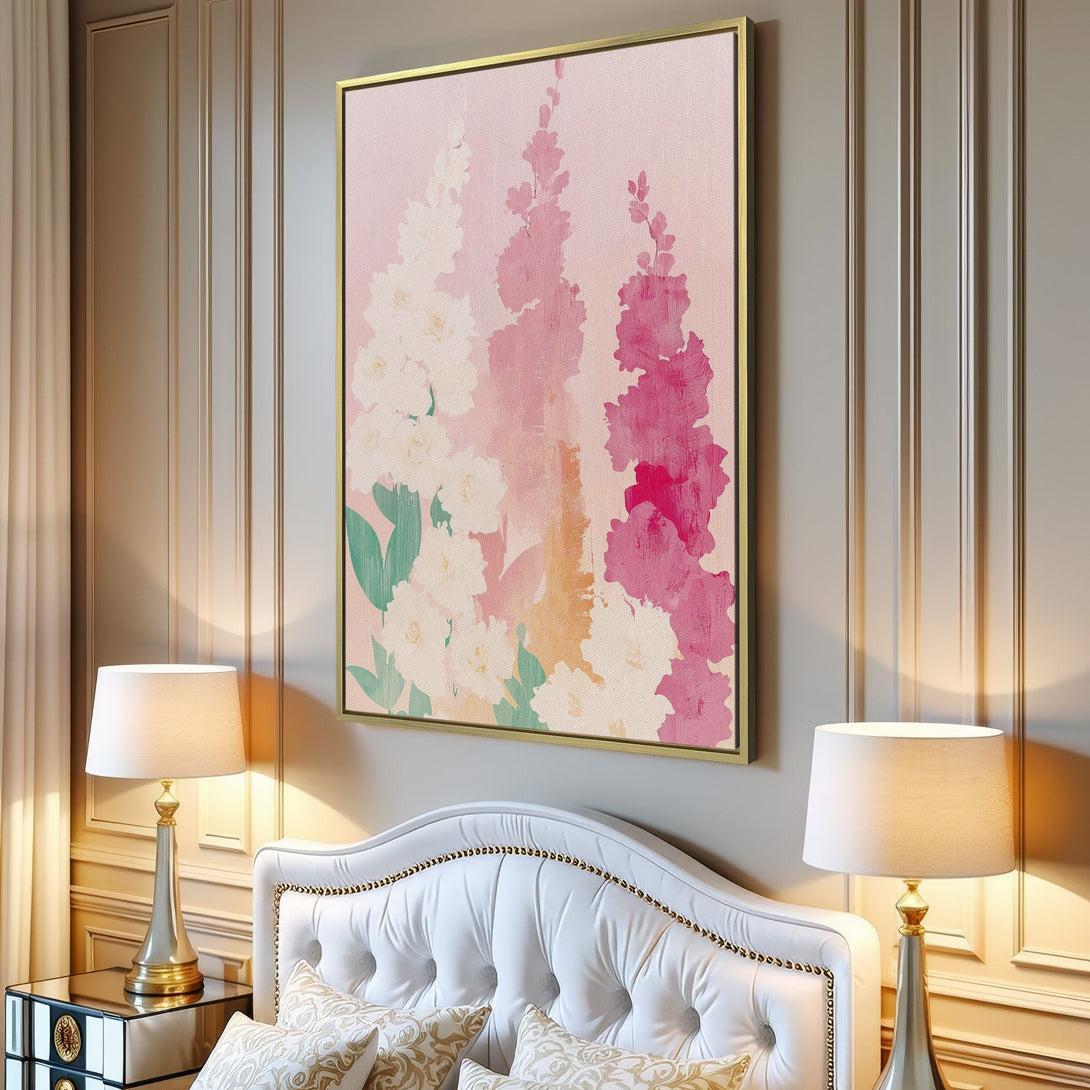 Canvas Print featuring abstract floral art in a soft pink and white palette. Modern style wall decor perfect for living room or bedroom.