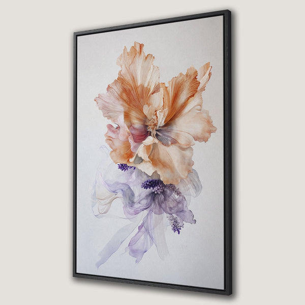 Framed Wall Art featuring a delicate watercolor floral design in warm peach, lavender, and purple hues. Modern, elegant Canvas Print perfect for any space.