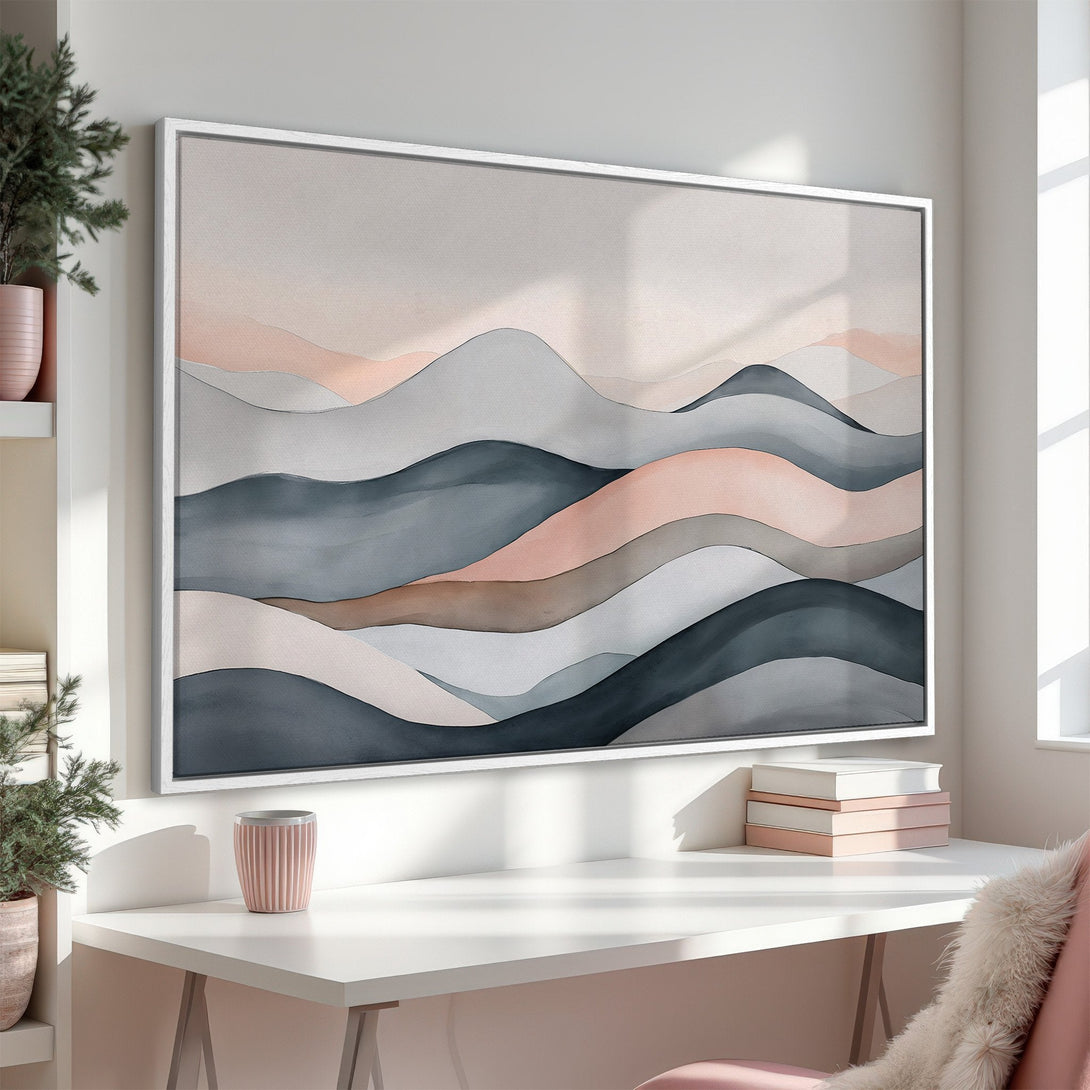 Framed Wall Art: Abstract mountain landscape in neutral tones. Modern canvas print with a serene, minimalist style and a calming color palette.