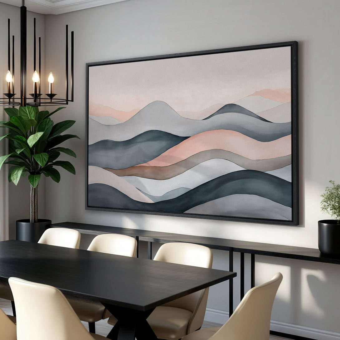 Framed Wall Art featuring an abstract watercolor landscape in muted pink, gray, and blue tones. Modern art canvas print adds a touch of elegance to any interior.