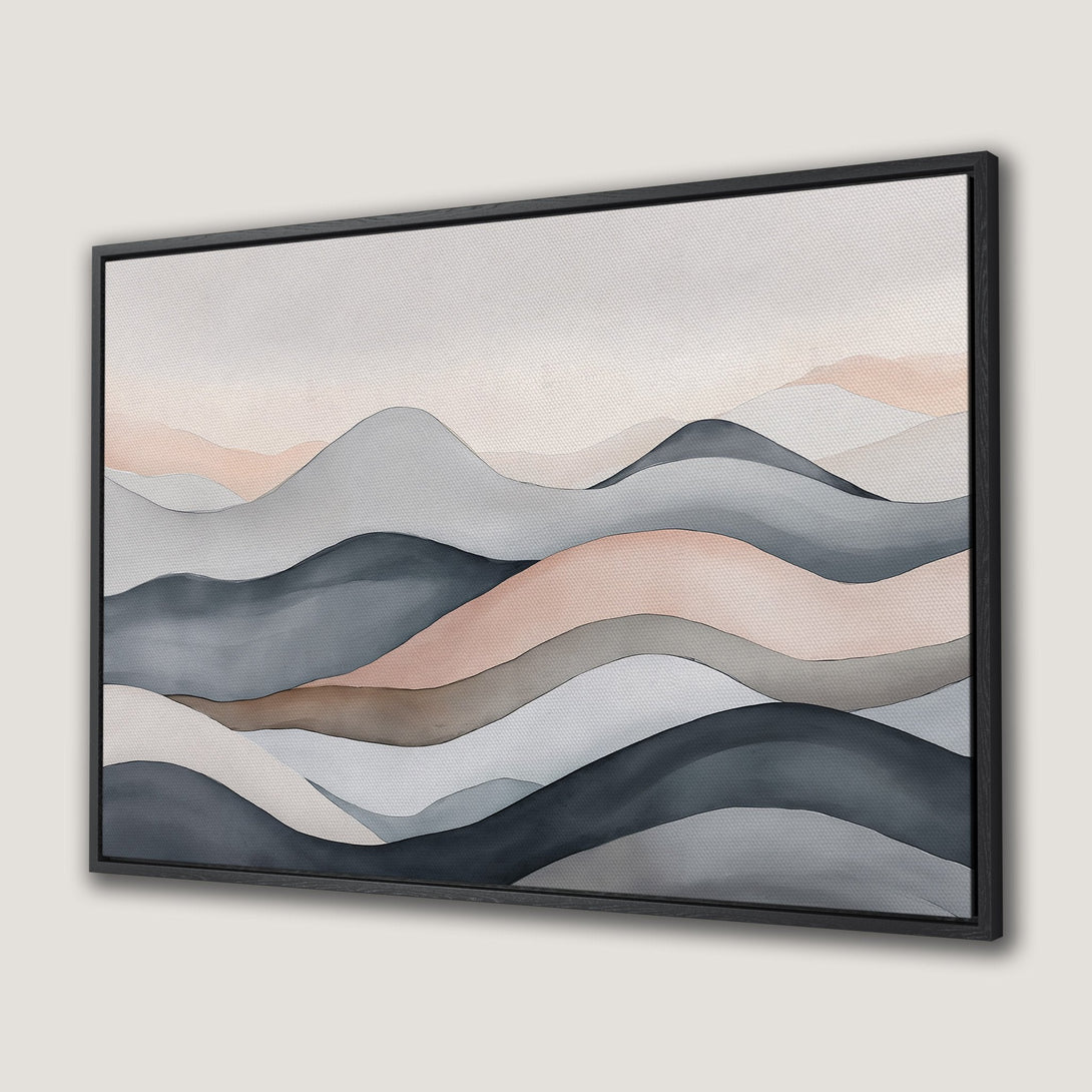 Framed Wall Art featuring an abstract watercolor landscape in muted gray, pink, and brown tones. Modern art for a calming interior.