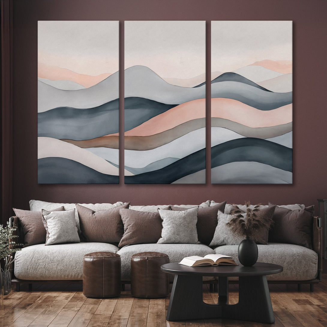 Abstract landscape Canvas Print in muted blues, grays, and blush pink. Modern wall art perfect for adding a touch of serenity to your space.