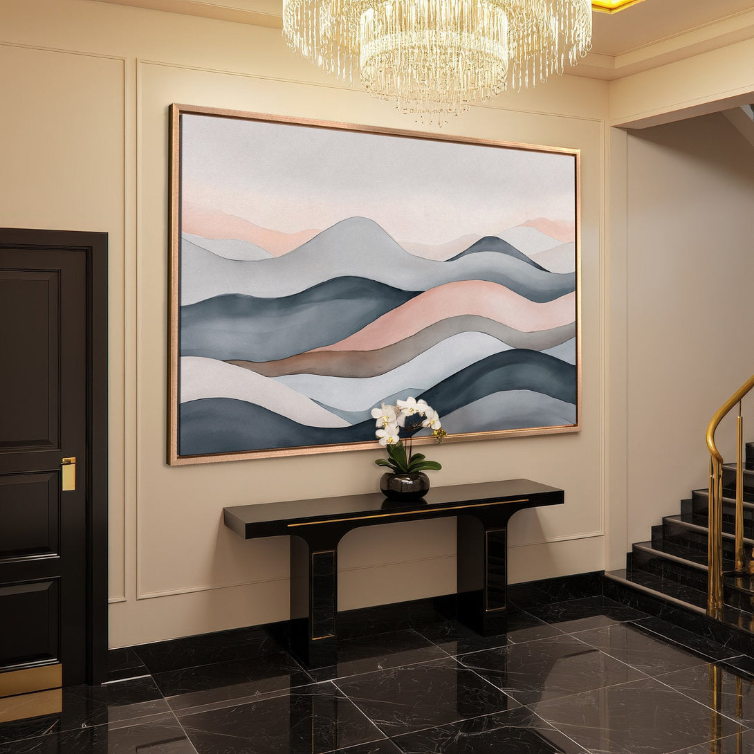 Framed Wall Art featuring abstract watercolor mountains in calming blue, pink, and gray tones. Modern art for elegant home decor.