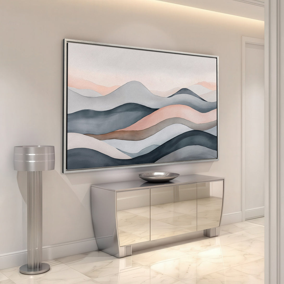 Framed Wall Art: Abstract landscape Canvas Print in muted gray, pink, and blue tones. Modern art for a calming interior.