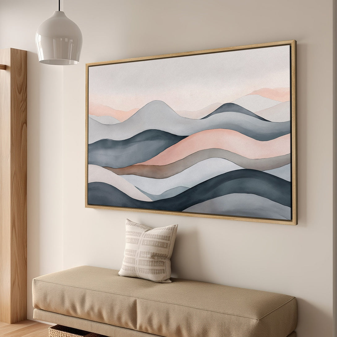 Framed Wall Art: Abstract landscape Canvas Print in soft blues, pinks, and grays. Modern art for a calming interior. Shop now for stylish home decor!