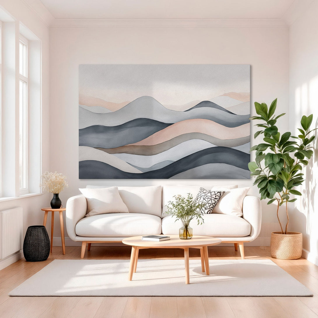 Framed Wall Art featuring abstract mountain landscape in muted pink, gray, and blue tones. Modern art for living room decor.
