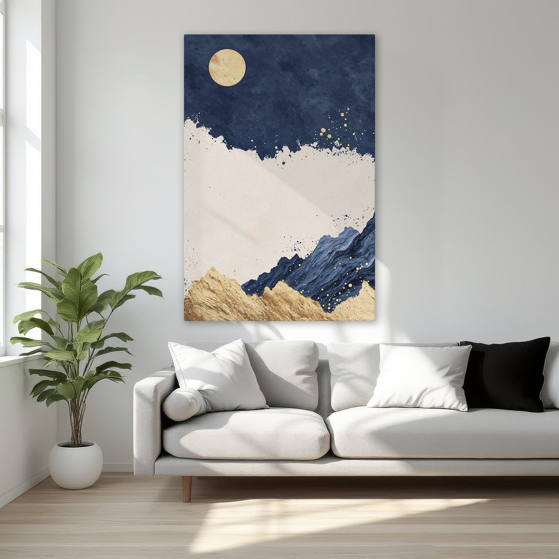 Framed Wall Art: Abstract landscape with moon, navy and gold color palette. Modern art canvas print adds elegance to any interior.