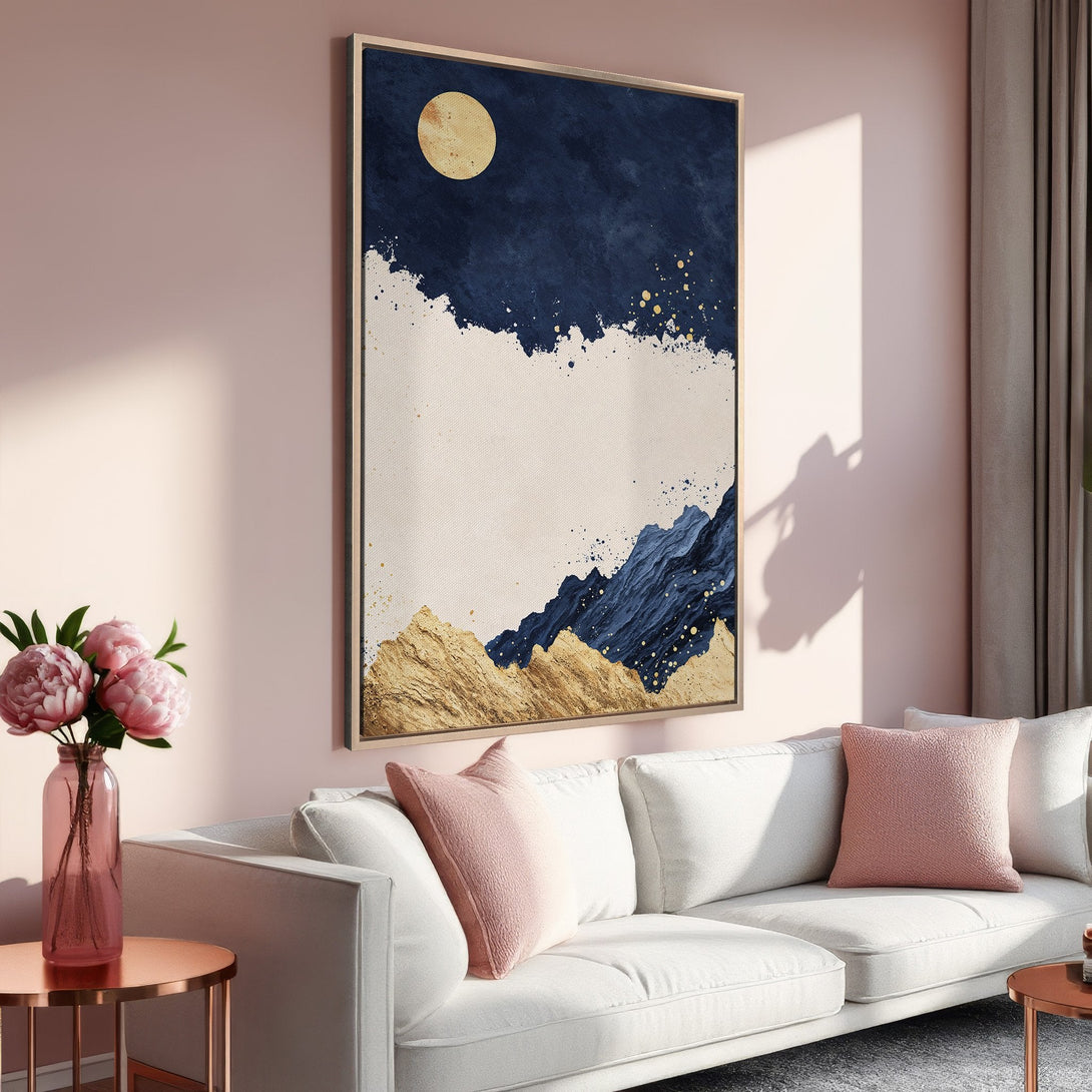 Framed Wall Art: Abstract landscape Canvas Print in navy, gold, and cream. Modern art for living room decor.