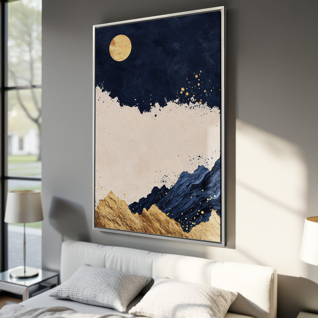 Framed Wall Art: Abstract landscape Canvas Print in navy, gold, and beige. Modern art to elevate your home decor. Shop now!