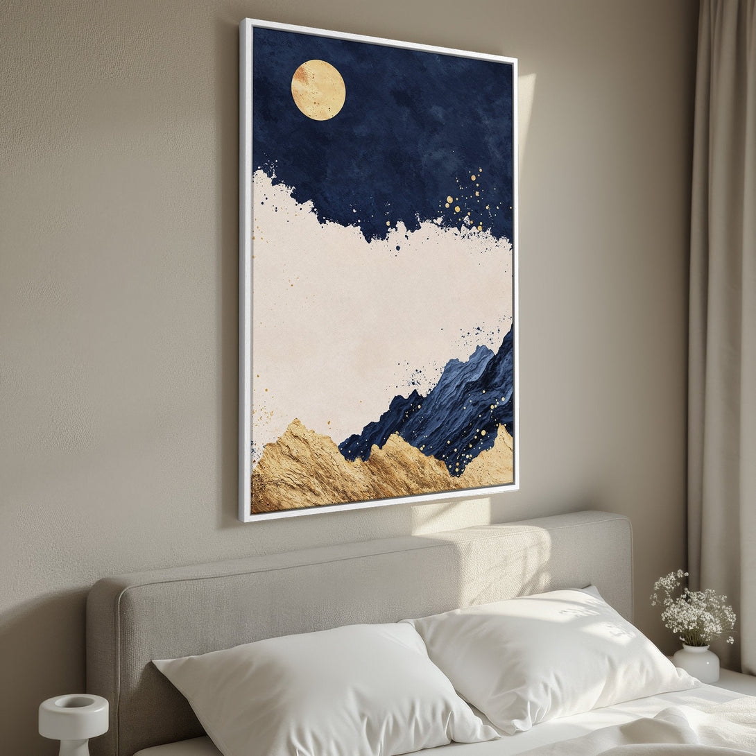 Framed Wall Art: Abstract landscape canvas print in navy, gold, and beige. Modern art for bedroom decor.