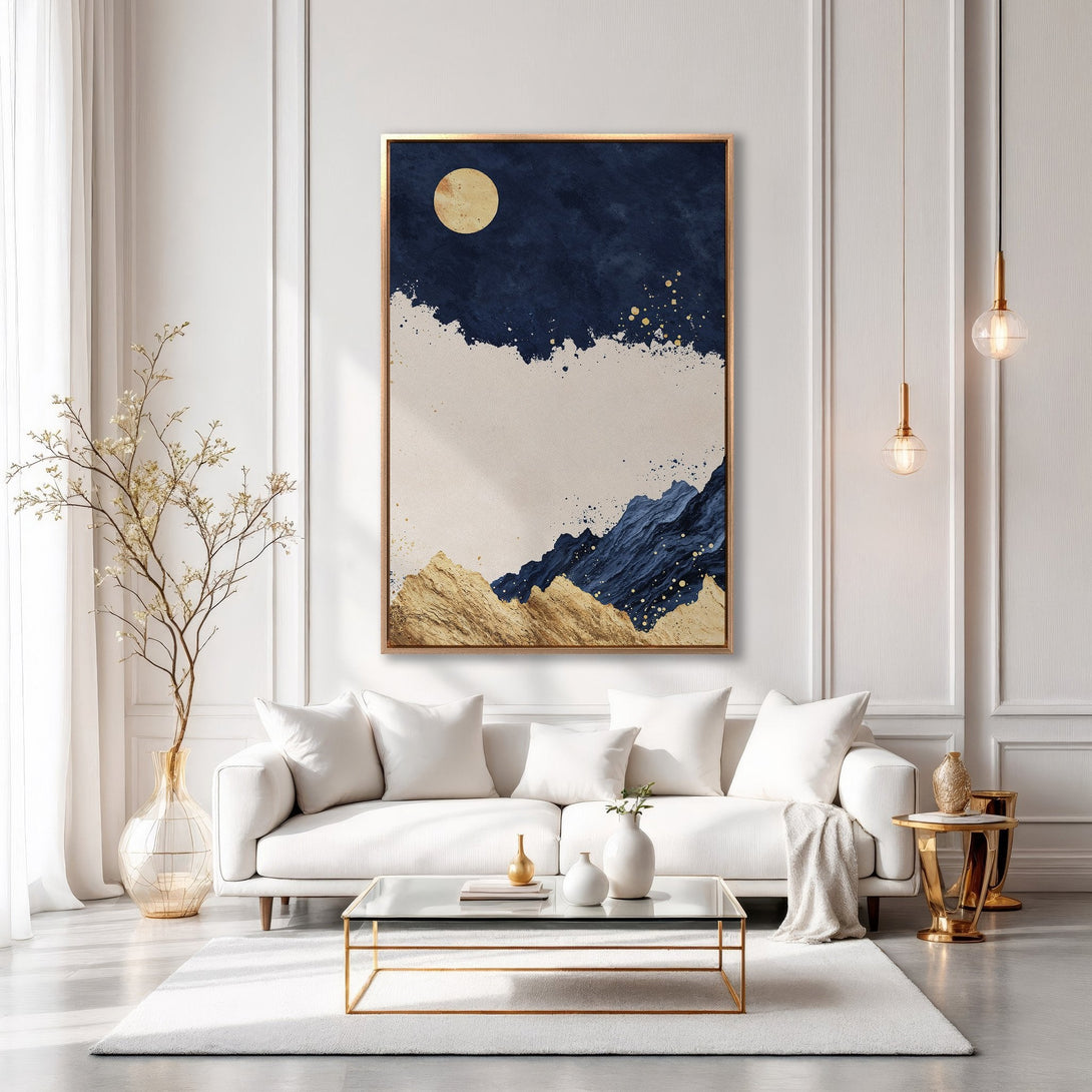 Framed Wall Art featuring an abstract mountain landscape in navy, gold, and beige. Modern art for living room decor. Enhance your space with this stylish canvas print.