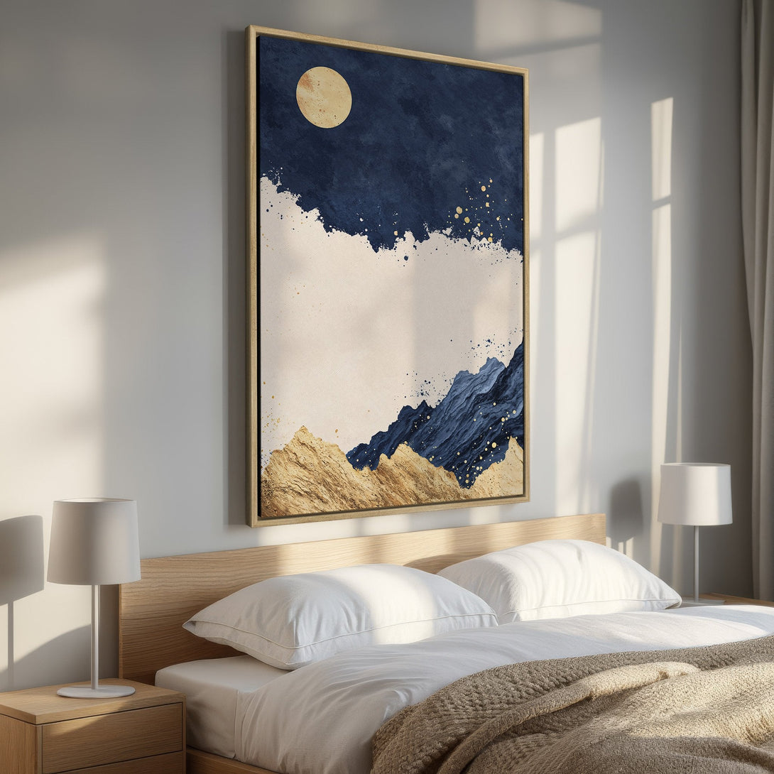 Framed Wall Art: Abstract landscape Canvas Print in navy blue, gold, and beige. Modern art for bedroom decor. Shop now for stunning wall art!