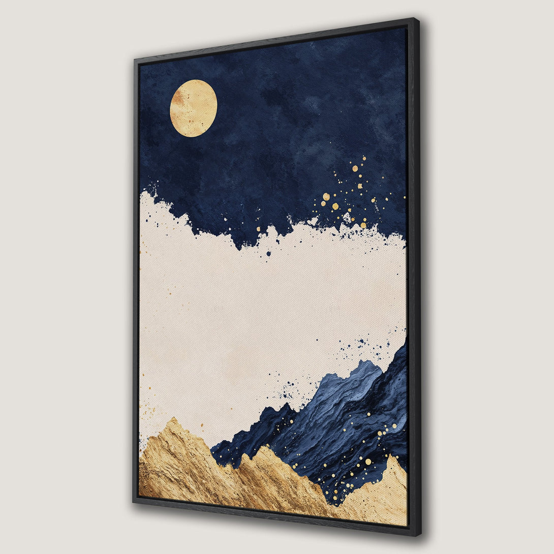 Framed Wall Art: Abstract landscape Canvas Print with navy, gold, and beige tones. Modern art featuring mountains and moon. Perfect for home decor.