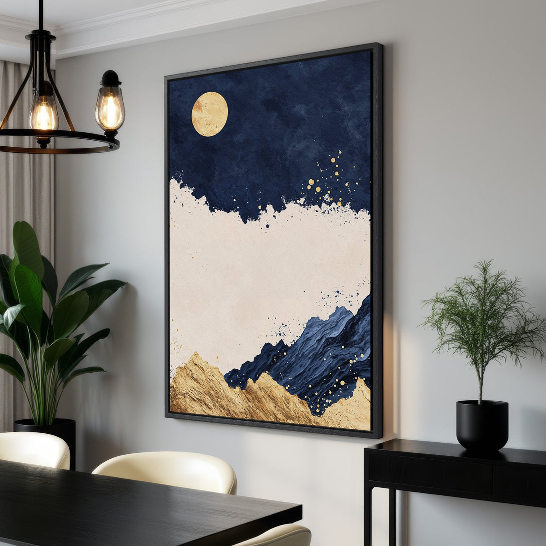 Framed Wall Art Canvas Print featuring an abstract mountain landscape in navy blue, gold, and beige. Modern decor for your home.