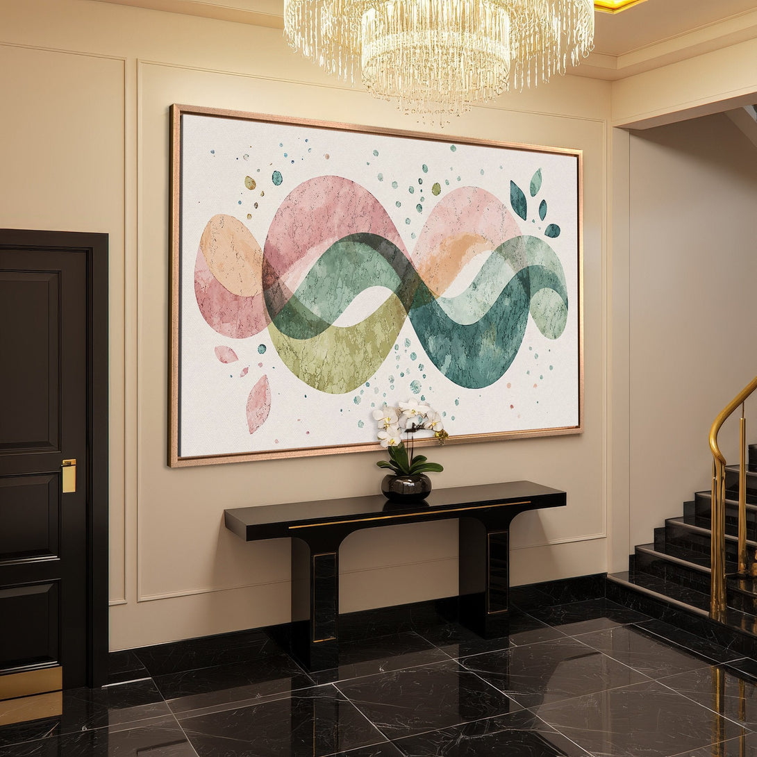 Framed Wall Art: Abstract watercolor Canvas Print in pink, green, and beige. Modern art for elegant home decor.