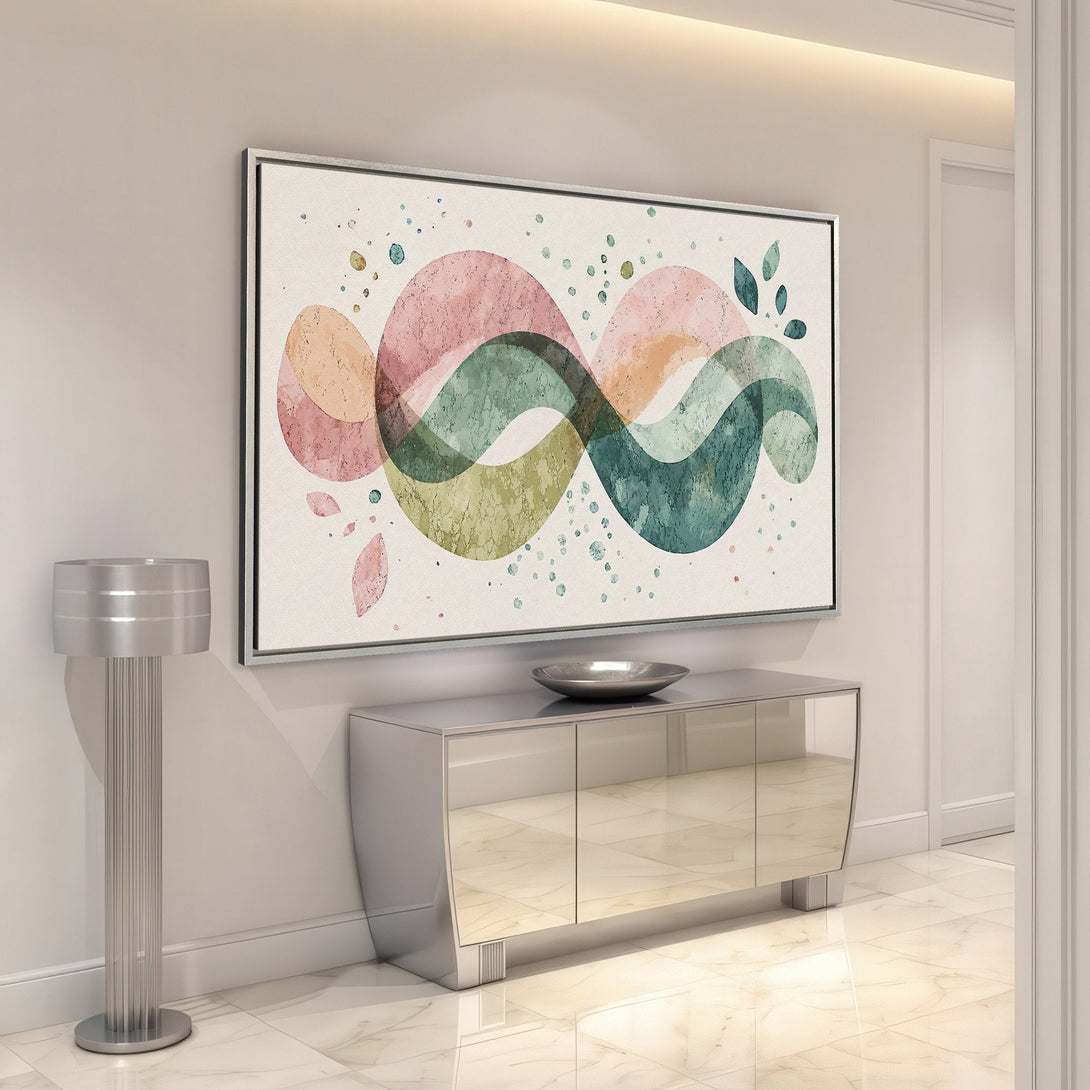 Framed Wall Art featuring abstract watercolor design in pink, green, and neutral tones. Perfect for adding a touch of modern art to any interior space.