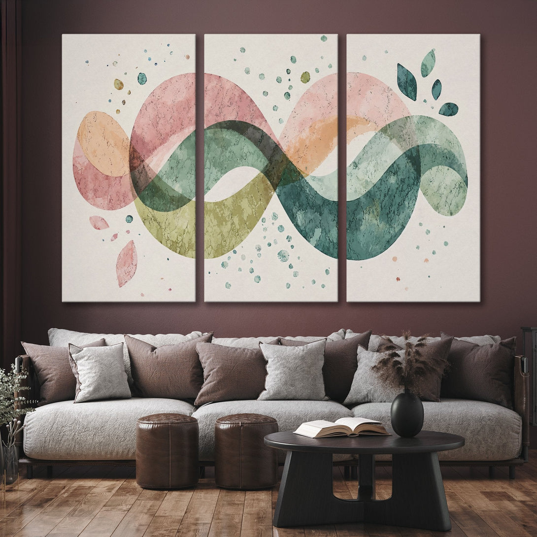 Abstract Canvas Print art in watercolor style, featuring flowing shapes in pink, green, and orange hues. Perfect for modern home decor!
