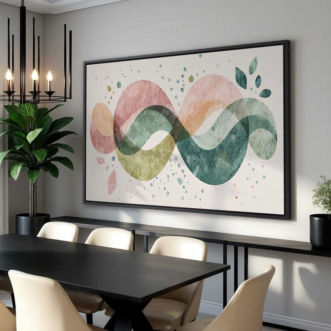 Framed Wall Art: Abstract watercolor art in soft pink, green, and peach tones. Modern Canvas Print adds a touch of elegance to any interior.