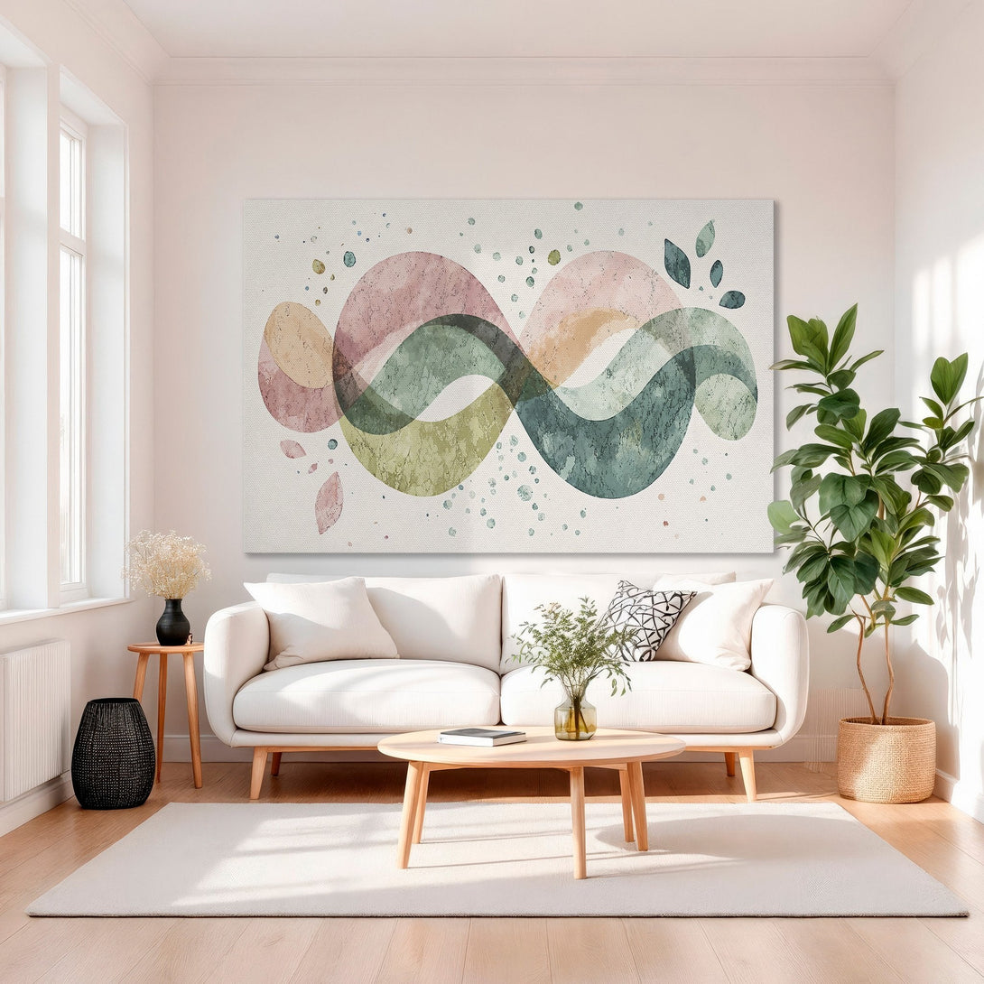 Framed Wall Art: Abstract watercolor print in soft pinks, greens, and golds. Modern art for living room decor. Canvas print adds a touch of elegance.
