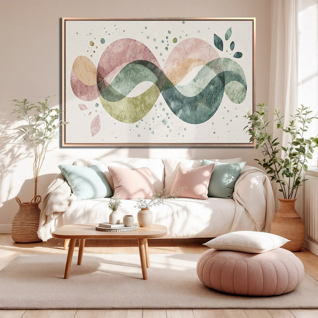 Framed Wall Art: Abstract watercolor waves in blush, green, and gold. Modern art canvas print adds a touch of elegance to any living room.