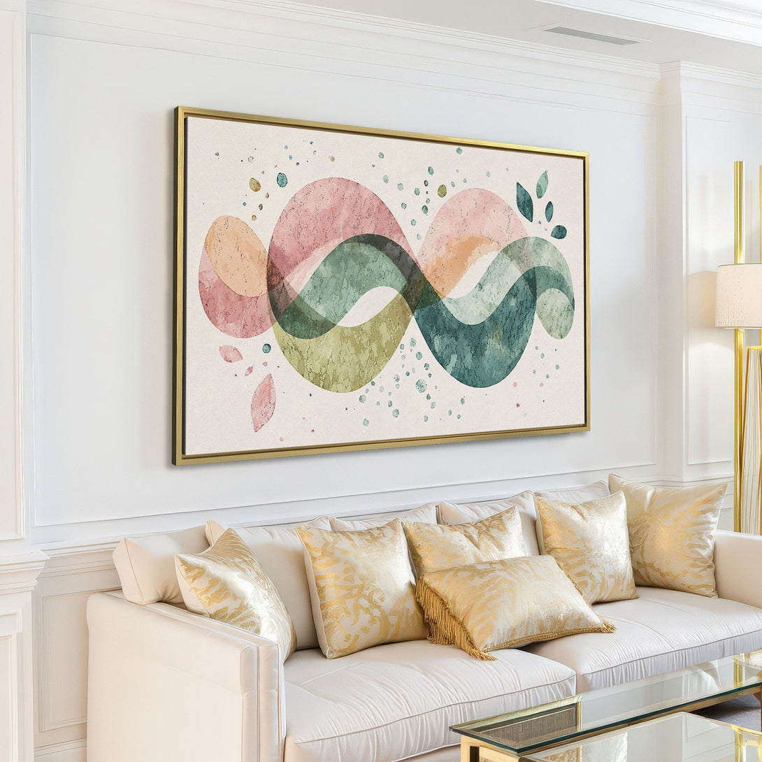 Canvas Print: Abstract watercolor art in a modern living room. Pastel color palette of pink, green, and beige. Perfect for adding a touch of elegance.