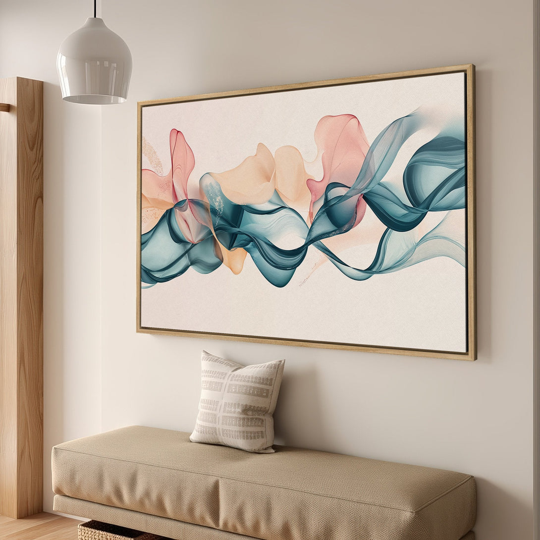 Framed Wall Art: Abstract canvas print with flowing teal, pink, and beige colors. Modern art piece perfect for adding a touch of elegance to any space.