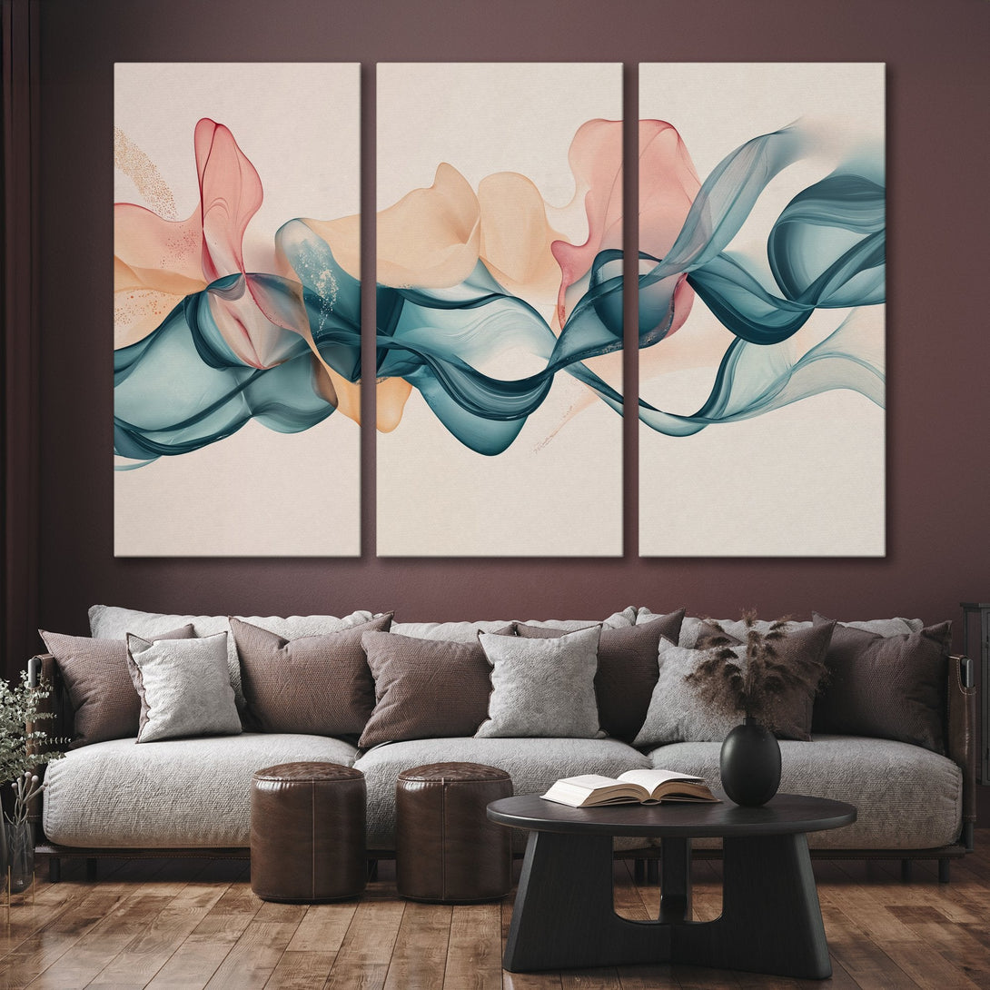 Abstract Canvas Print triptych in teal, pink, and beige. Modern art piece adds a touch of elegance to any interior.