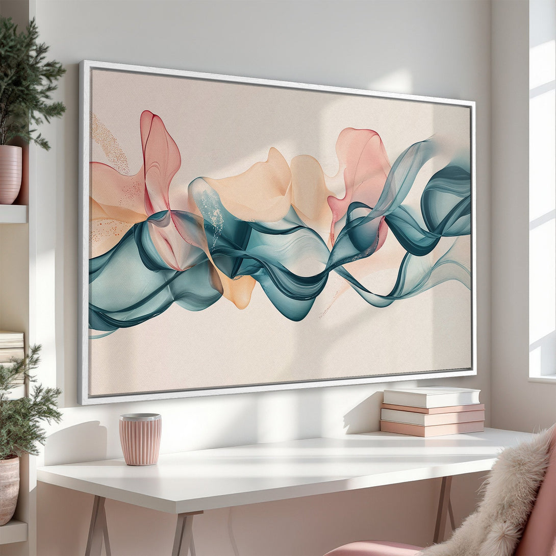 Framed Wall Art featuring an abstract watercolor design in soft pinks, blues, and beige. Modern art canvas print perfect for home decor.
