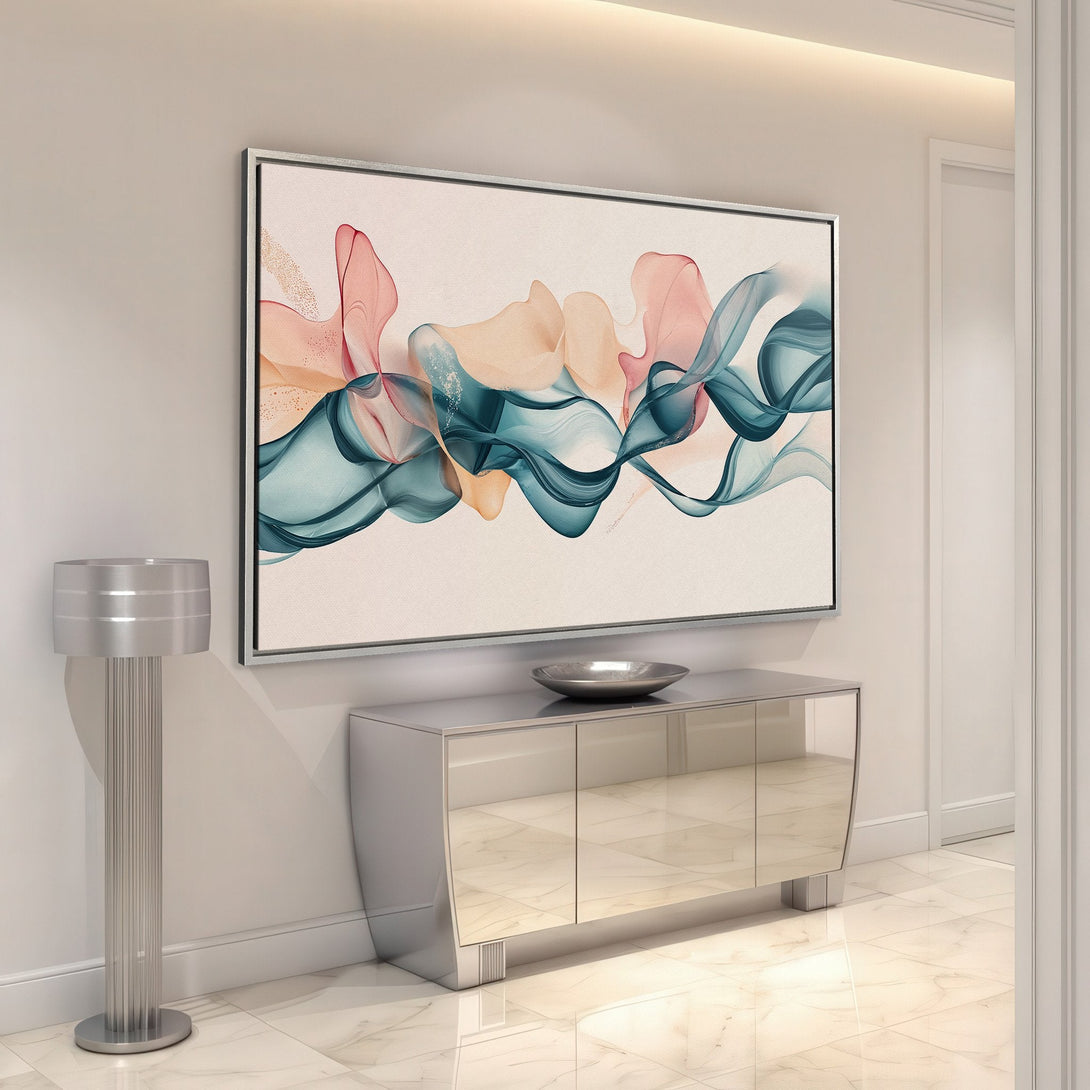 Framed Wall Art: Abstract watercolor canvas print in teal, peach, and beige. Modern art for home decor. Enhance your space with stylish art.