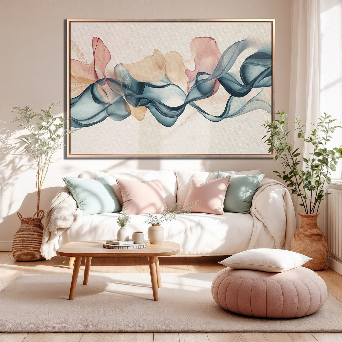 Framed Wall Art: Abstract flowing design in blush, teal, and gold. Modern canvas print adds a touch of elegance to any living room. Shop now!