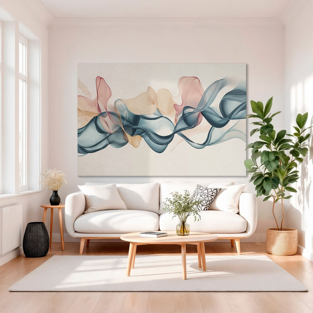Framed Wall Art featuring abstract flowing design in teal, peach, and gold. Modern art canvas print adds elegance to any interior.
