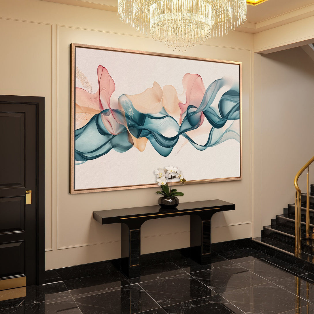 Framed Wall Art featuring an abstract watercolor design in teal, peach, and gold. Modern art for a stylish home.