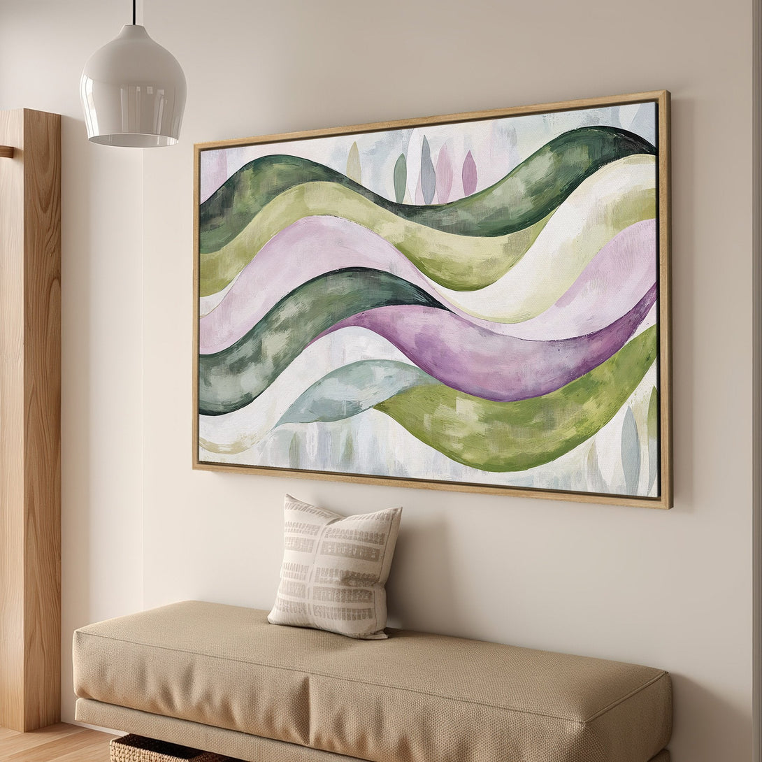 Framed Wall Art: Abstract landscape Canvas Print in green, purple, and cream tones. Modern art for a stylish home.