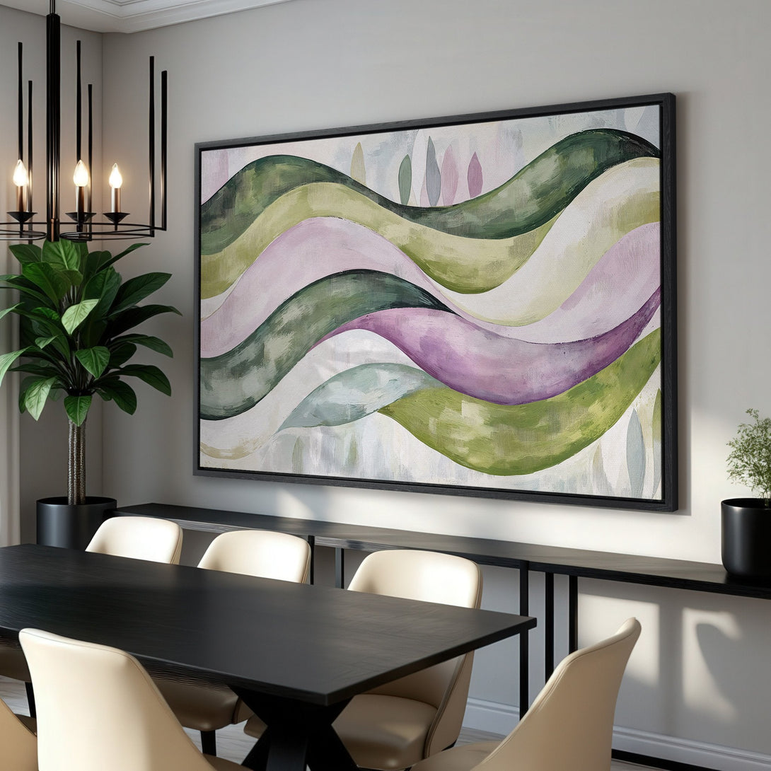 Framed Wall Art featuring an abstract landscape in green, purple, and pink hues. Modern art piece adds a pop of color to any interior!