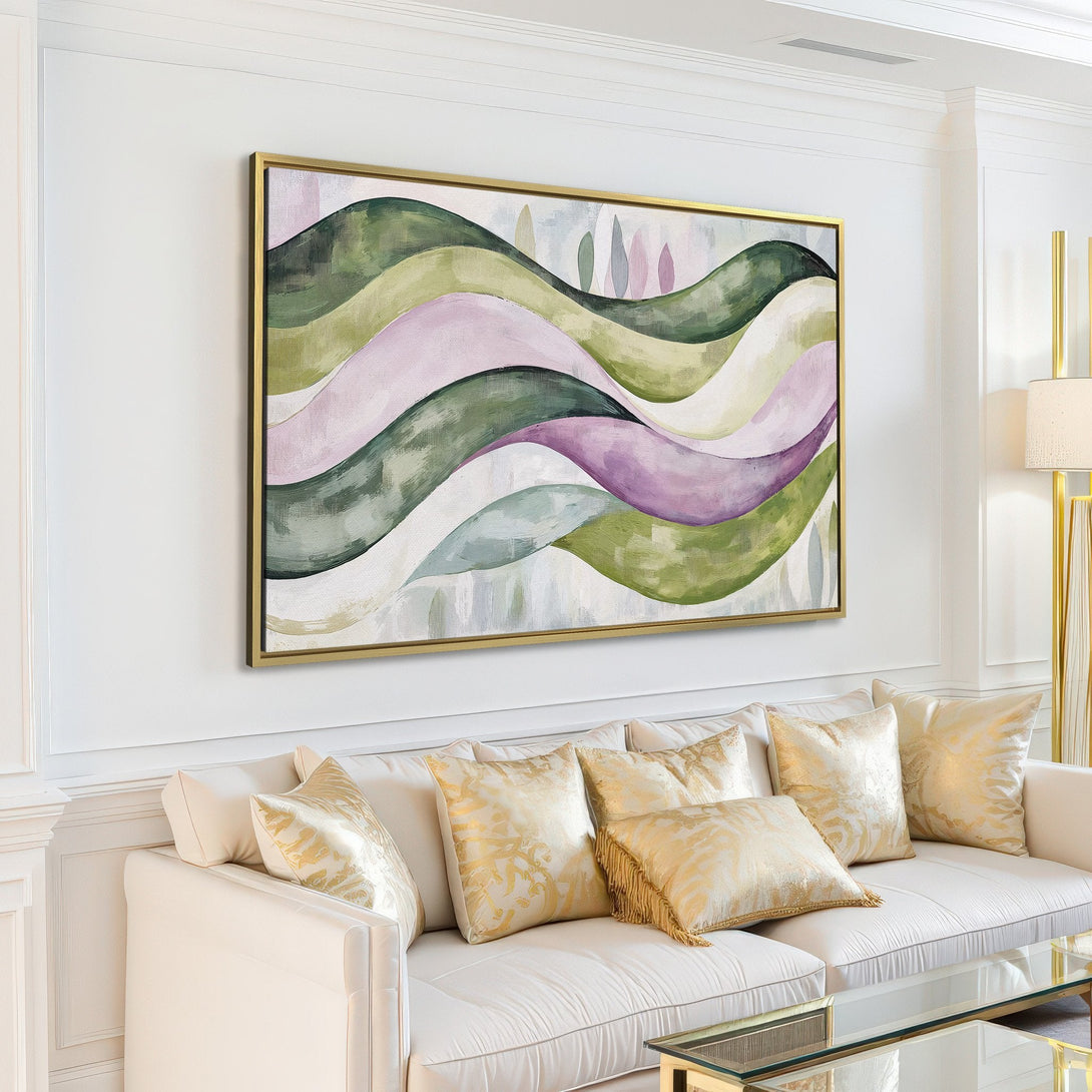Abstract Canvas Print featuring flowing waves in green and purple hues, perfect for modern home decor.