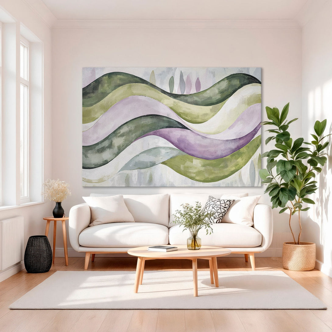 Framed Wall Art: Abstract landscape canvas print in green, purple, and pink hues. Modern art for living room decor.