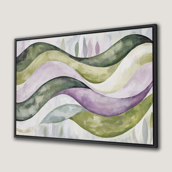 Framed Wall Art featuring an abstract landscape in green, purple, and neutral tones. Modern art for your home.