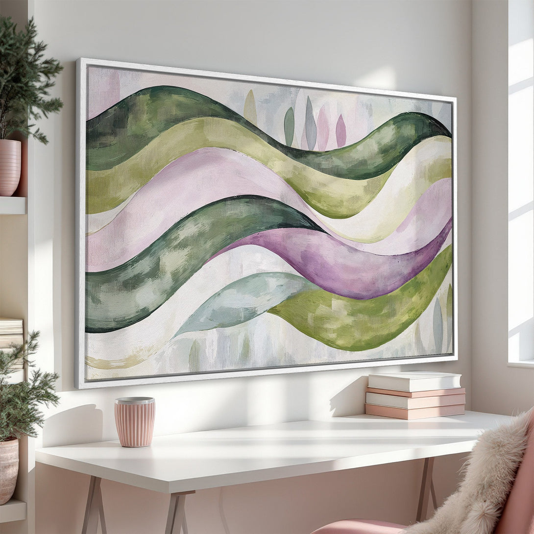 Framed Wall Art featuring an abstract landscape in green, purple, and pink hues. Modern art for a stylish home.