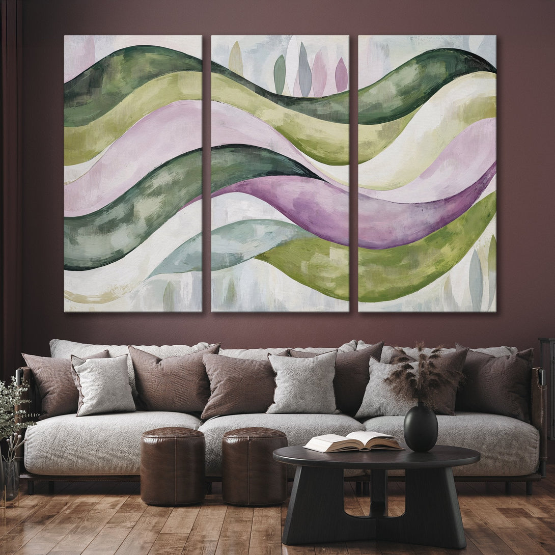 Abstract Canvas Print art with flowing lines in green, pink, and purple hues. Modern artwork perfect for living room decor.