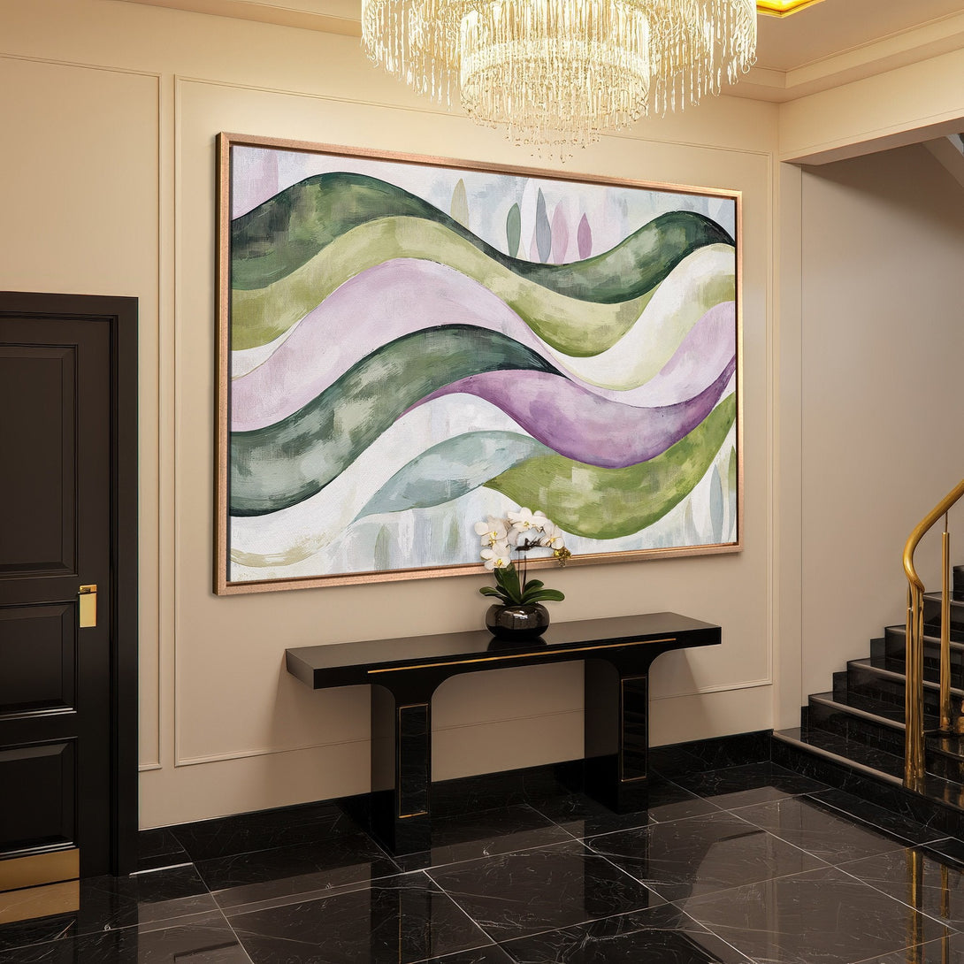 Framed Wall Art: Abstract landscape canvas print in green, purple, and white. Modern art for elegant home decor.