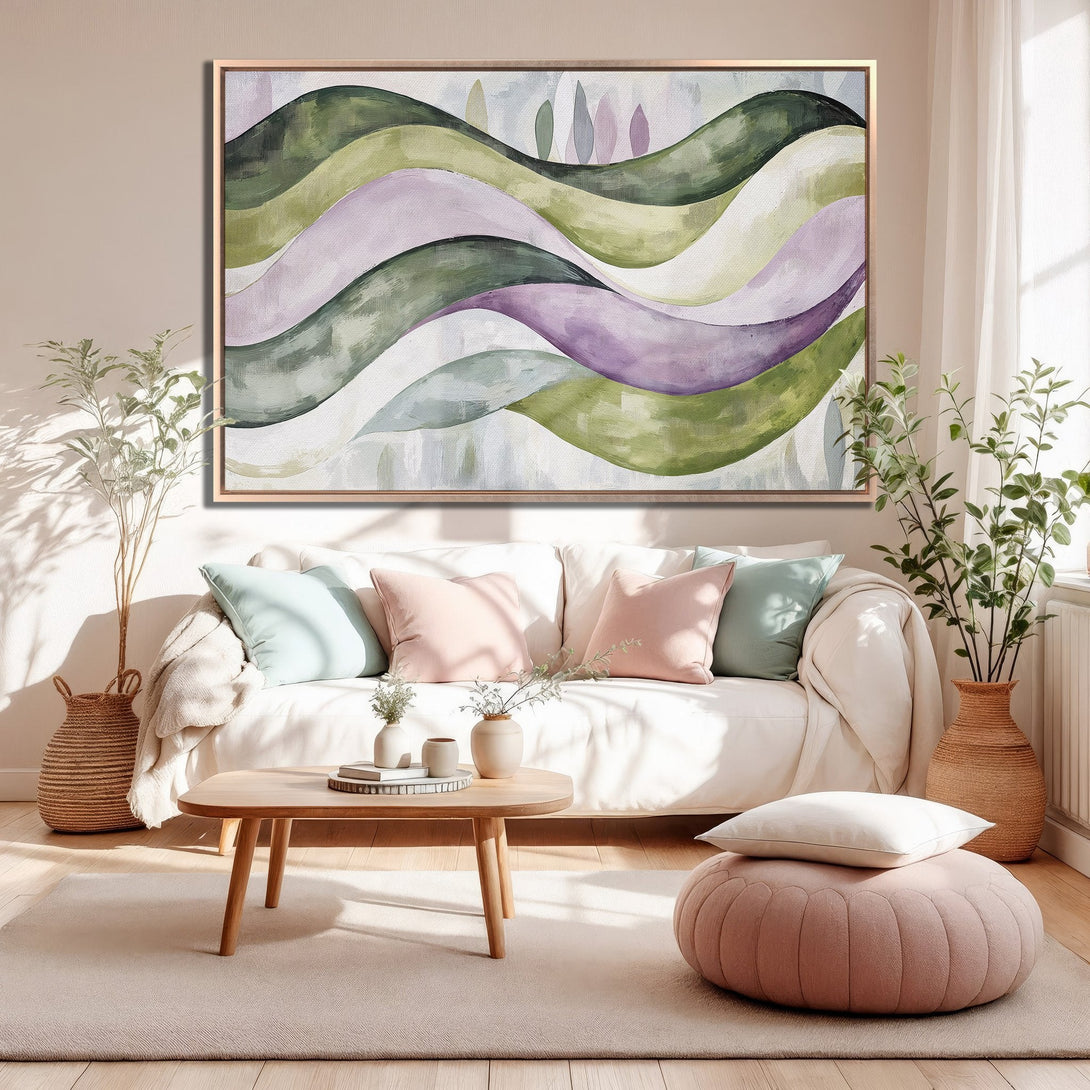 Framed Wall Art: Abstract landscape canvas print in green, purple, and neutral tones. Modern art for a calming living room.