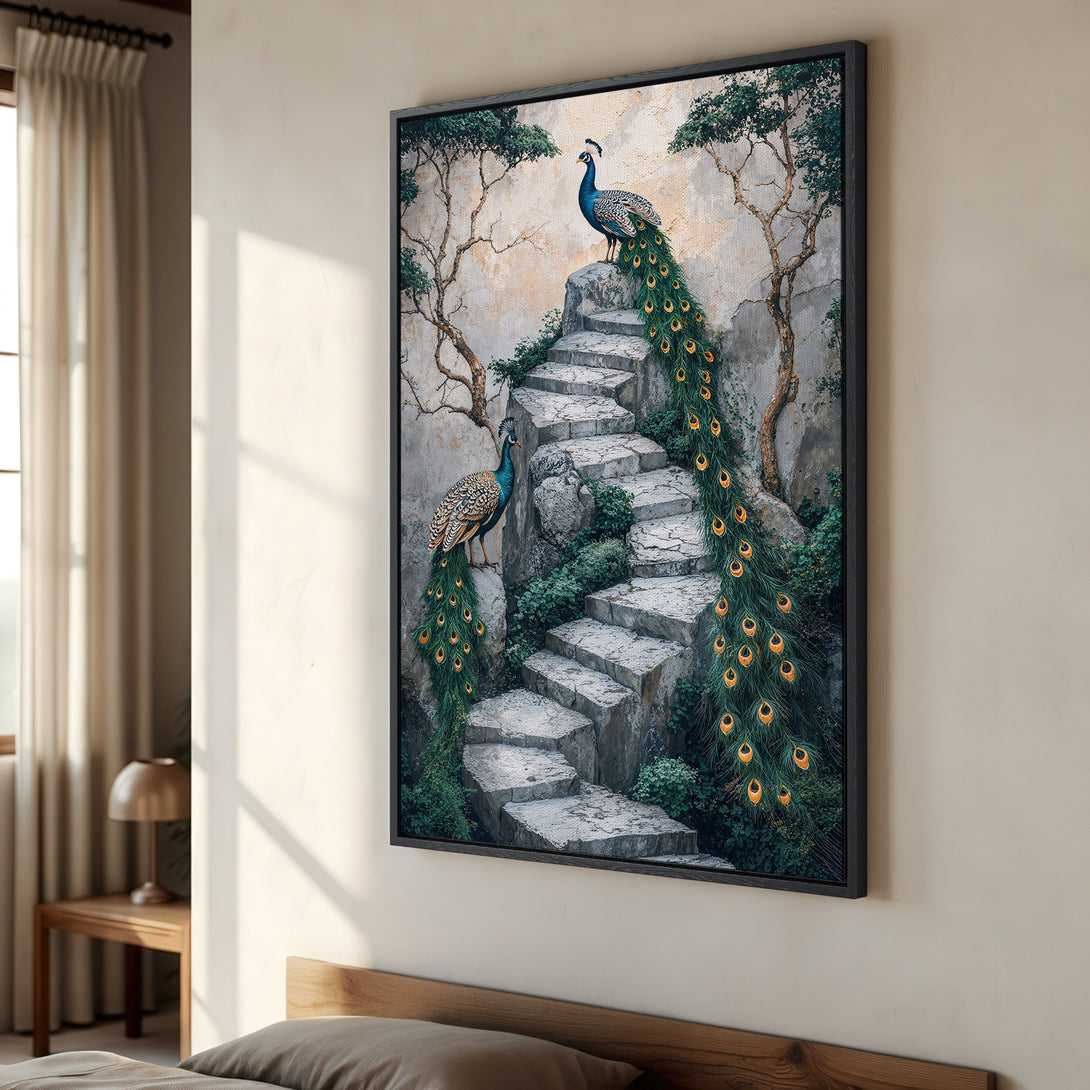 Framed Wall Art featuring a peacock on stone steps. This elegant canvas print showcases a nature-inspired scene with a muted color palette, perfect for any home decor.
