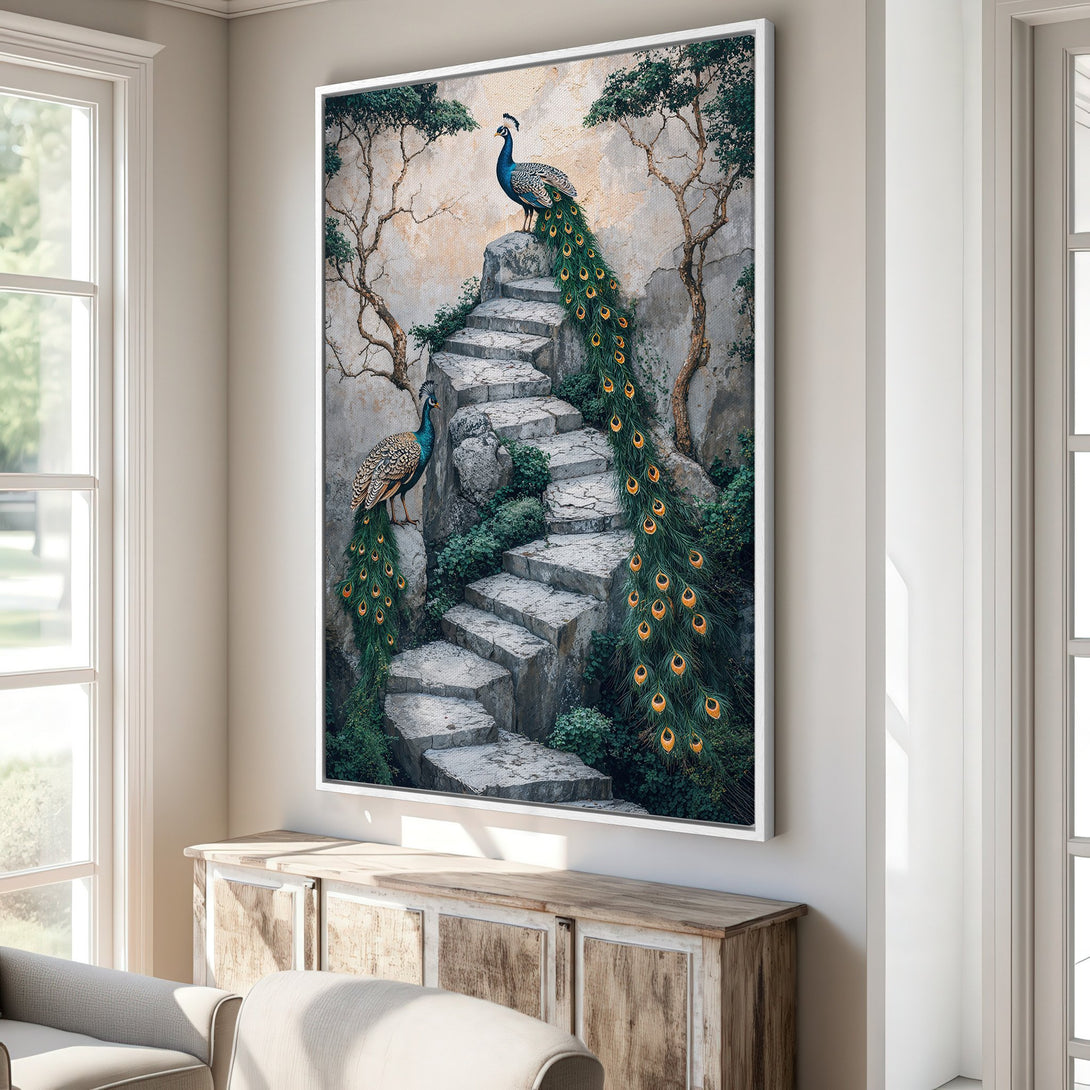 Framed Wall Art: Majestic peacock canvas print in a serene, natural style. Features vibrant greens, blues, and earth tones, perfect for adding elegance to any space.